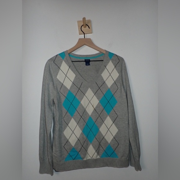 Izod Men's V-Neck Gray Sweater with Turquoise and White Diamond Pattern size XL - Picture 1 of 7